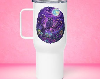 Taza de viaje Purple Night Owl Galaxy con asa