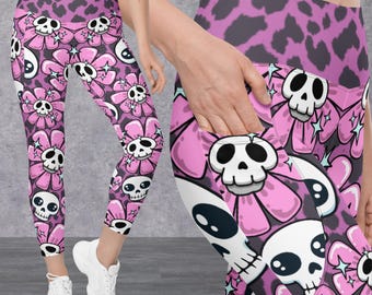 Pink Punk Skull Cheetah Print Leggings with pockets