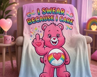 Funny Retro 80s Bear Throw Blanket | Cute Rainbow Swear Because I Care Bear Blanket | Kawaii Pastel Adult Humor Cozy Gift