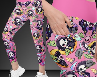 Pastel Goth Grim Reaper Pocket Leggings – High-Waisted Workout Tights