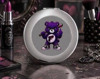 Espejo de viaje compacto con forma de oso morado enojado y murciélago / Accesorios originales y divertidos de estilo grunge