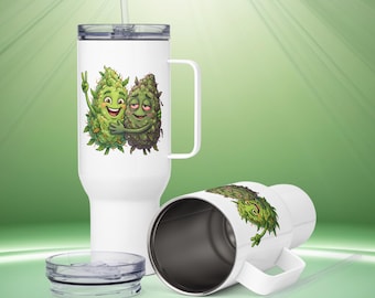 Taza de viaje divertida con asa, diseño de cogollos de marihuana abrazados y símbolo de la paz.