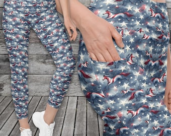 Leggings patriottici con cavalli / Pantaloni da yoga western per il 4 luglio / Leggings con tasche a stelle e cavalli / Pantaloni da cowgirl in stile americano