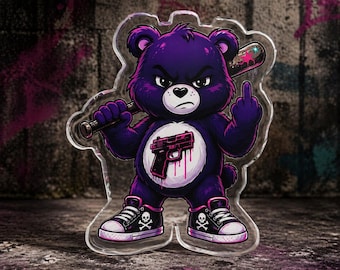 Estatua acrílica independiente de un oso morado gruñón con un murciélago / Arte callejero de los osos cariñosos punk