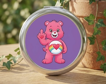 Kompaktowe lusterko w kształcie różowego tęczowego misia | Zabawny kieszonkowy dodatek podróżny