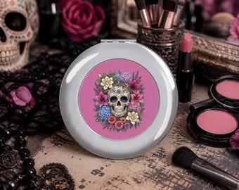 Sugar Skull Floral Compact Travel Mirror | Day of the Dead Skull Mirror
