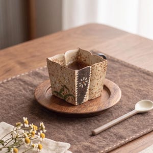Wabi-Sabi Patchwork Keramikkopp & Träfat Set - Handmålad Blommig Mugg med Prästkrage - Zen Teservis, Unik Presentask, Hantverkskeramikset