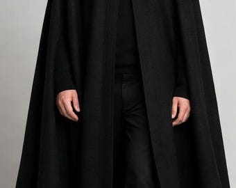 Cape longue en laine noire pour homme : Cape gothique steampunk victorienne faite main