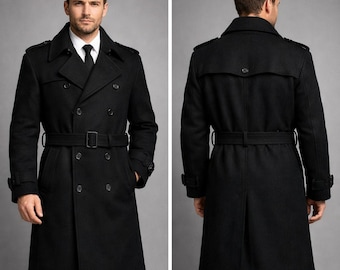 Men's Black Wool Trench Coat: Handmade Western Style Wool Overcoat