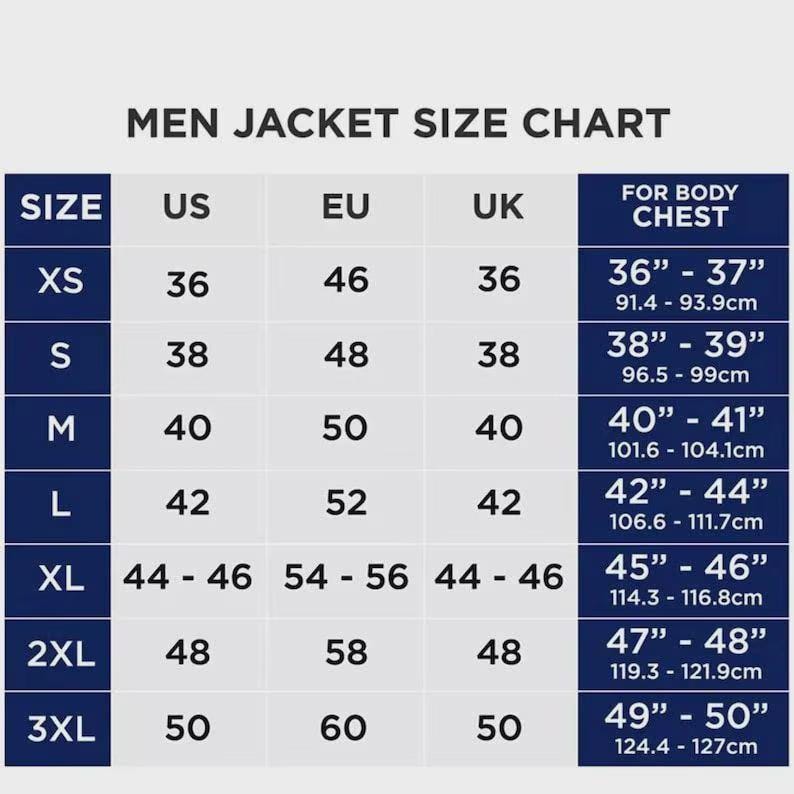 May include: A navy blue men's jacket size chart. The chart includes sizes XS to 3XL, with corresponding US, EU, and UK sizes. Chest measurements are provided in inches and centimeters, ranging from 36" to 50".