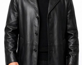 Men's Black Leather Overcoat: Handmade Real Leather Long Jacket