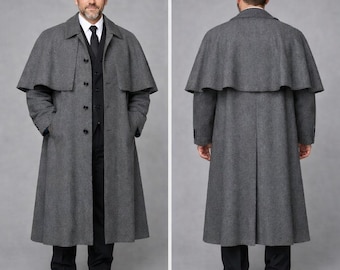 Men's Grey Wool Inverness Coat: Handmade Vintage Victorian Winter Long Cape Overcoat
