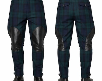 Men's Black Watch Tartan Jodhpurs: Handmade Jodhpurs With Leather Knee Pads