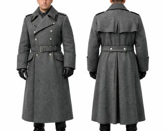 Men's Grey Wool Military Greatcoat: Handmade Vintage Style Winter Wool Overcoat