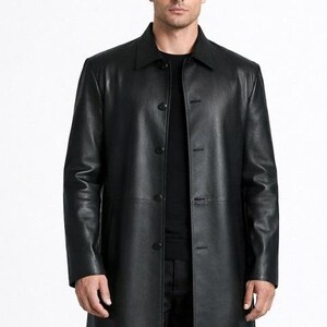 May include: A black leather coat with a button-up front and a collared neckline. The coat is long, reaching below the knees, and has a classic, tailored design. The coat is made of a smooth, shiny leather material.