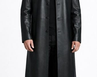 Men's Black Leather Long Coat: Handmade Minimalist Real Leather Overcoat