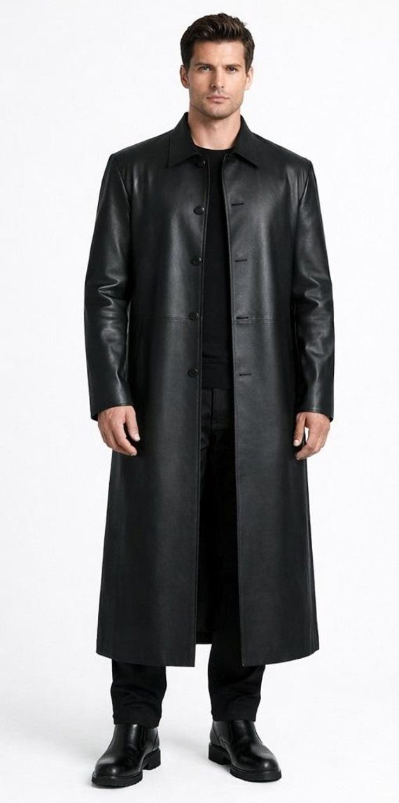 Men's Black Leather Long Coat: Handmade Minimalist Real Leather Overcoat