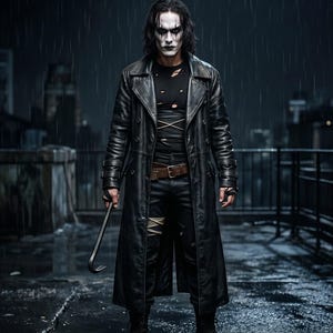 May include: A figure with white face paint and black eye makeup wearing a long black leather trench coat over a distressed black t-shirt and black pants with light-colored lacing details. A brown leather belt is worn at the waist, and a metal crowbar is held in one hand.