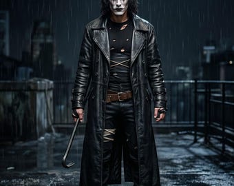 The Crow Brandon Lee Black Leather Coat: Handmade Real Leather Long Jacket