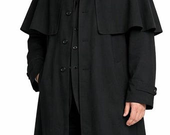 Men's Black Cotton Inverness Coat: Handmade Vintage Victorian Steampunk Cotton Canvas Overcoat