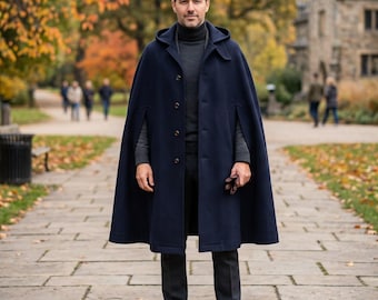 Men's Navy Blue Wool Hooded Cape Coat: Handmade Winter Wool Outerwear