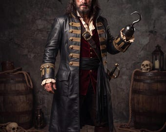 Captain Hook Black Leather Pirates Long Jacket: Handmade Real Leather Costume Coat