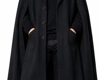 Men's Black Wool Cardigan Long Cape: Handmade Vintage Victorian Winter Cape Overcoat