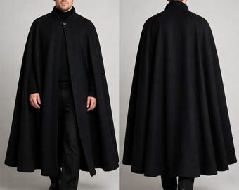 Men's Black Wool Long Cape: Handmade Victorian Steampunk Gothic Cape Coat