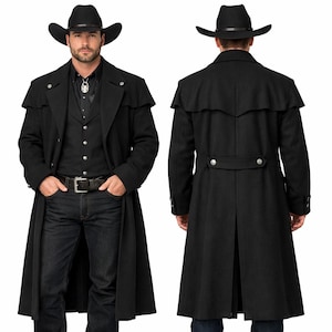 May include: A black duster coat featuring a shoulder cape, silver-toned buttons, and a long silhouette, paired with a black cowboy hat, a black button-down shirt, and dark denim jeans. The coat includes a back vent and a decorative waist strap.