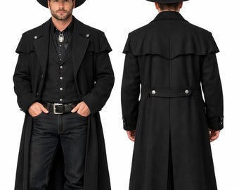 Men Black Wool Western Coat: Handmade Western & Cowboy Long Overcoat