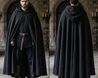 Men's Black Wool Cloak: Handmade Vintage Victorian Wool Hooded Outerwear
