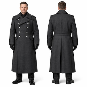 May include: A dark grey double-breasted overcoat with silver buttons. The long coat has a notched collar, shoulder epaulettes, and a back belt detail. The model wears black gloves and shoes. The coat is approximately 150 cm in length.