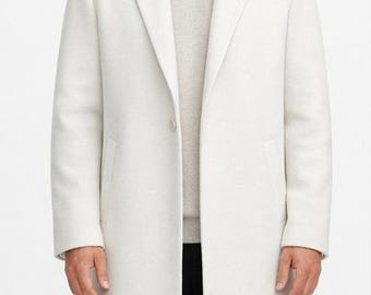 Men's White Wool Minimalist Long Coat: Classic Handmade Wool Winter Overcoat