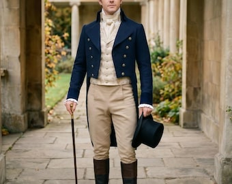 19th Century Inspired Blue Wool Regency Tailcoat: Victorian Steampunk Regency Costume Coat