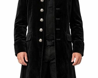 Men's Black Velvet Long Coat: Handmade Vintage Style Velvet Overcoat