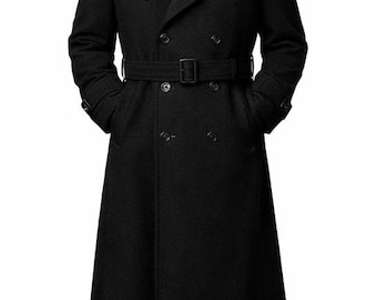 Men's Black Wool Trench Coat: Handmade Vintage Winter Wool Long Overcoat