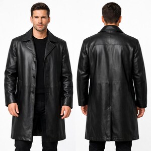 May include: A black leather coat with a classic design. The coat features a notched collar, button closure, and a knee-length hem. The image shows both the front and back of the coat, highlighting its tailored fit and sleek appearance.