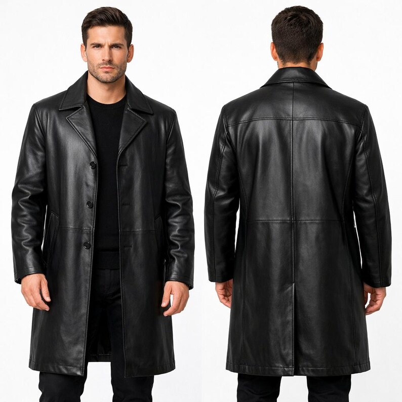 May include: A black leather coat with a classic design. The coat features a notched collar, button closure, and a knee-length hem. The image shows both the front and back of the coat, highlighting its tailored fit and sleek appearance.