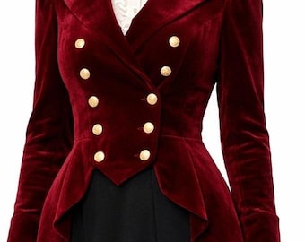 Women's Burgundy Red Velvet Victorian Tailcoat: Handmade Victorian Steampunk Gothic Jacket