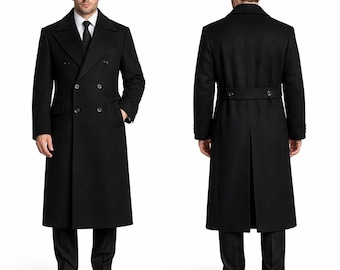 Men's Black Wool Long Overcoat: Handmade Winter Wool Gentleman Coat