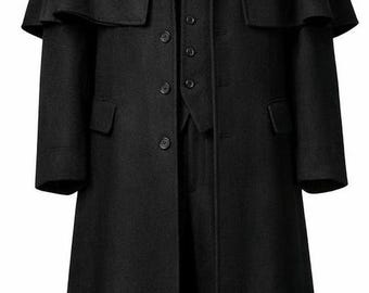 Black Wool Inverness Coat For Men: Handmade Winter Wool Cape Overcoat