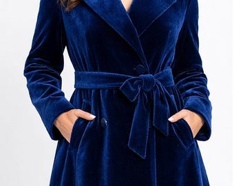 Women's Blue Velvet Long Coat: Handmade Vintage Victorian Steampunk Trench Coat