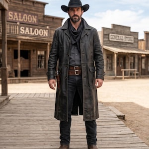 Puede incluir: Un abrigo largo de cuero marrón oscuro sobre una camisa gris abotonada y vaqueros oscuros. El conjunto incluye un sombrero de vaquero negro, un pañuelo oscuro, un cinturón de cuero marrón con doble hebilla y botas de cuero marrón.