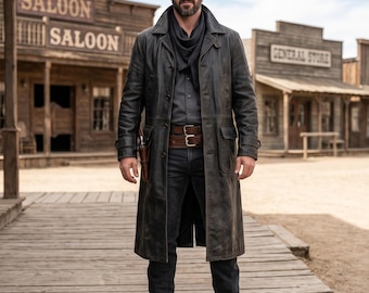 Men's Distressed Black Leather Coat: Handmade Real Leather Halloween Long Jacket