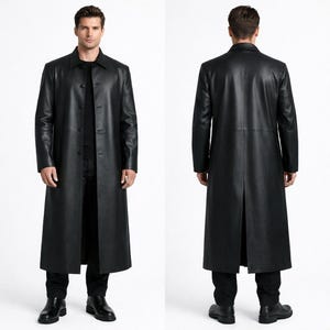 May include: A long, black leather coat with a button-up front and a collared neckline. The coat extends to the ankles and is shown from both the front and back. The coat is worn with black pants and black shoes.