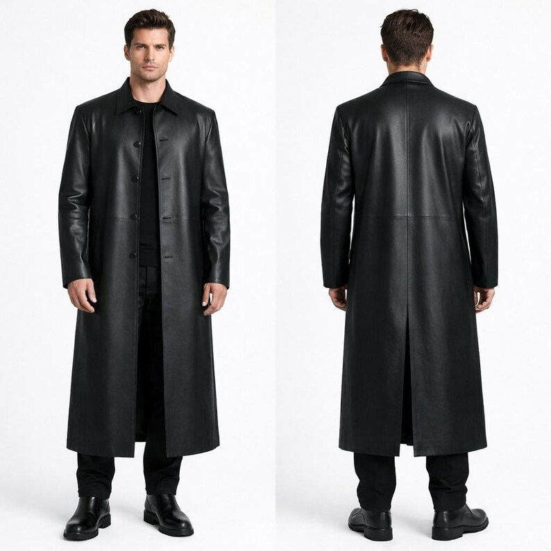 May include: A long, black leather coat with a button-up front and a collared neckline. The coat extends to the ankles and is shown from both the front and back. The coat is worn with black pants and black shoes.