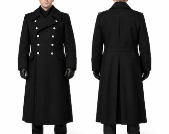 Men's Military Inspired Black Wool Overcoat: Handmade Vintage Winter Wool Long Coat