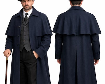 Men's Navy Blue Wool Inverness Coat: Victorian Steampunk Gothic Cape Overcoat