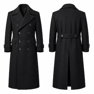 May include: A black double-breasted overcoat with a notched lapel, six buttons, and two front pockets. The coat has long sleeves with buttoned cuffs and a back vent. The coat is shown from the front and back.