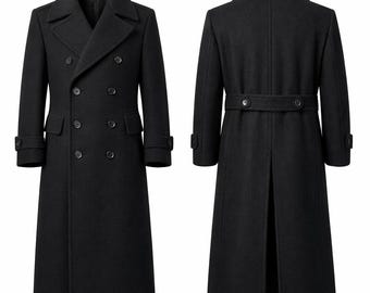 May include: A black double-breasted overcoat with a notched lapel, six buttons, and two front pockets. The coat has long sleeves with buttoned cuffs and a back vent. The coat is shown from the front and back.